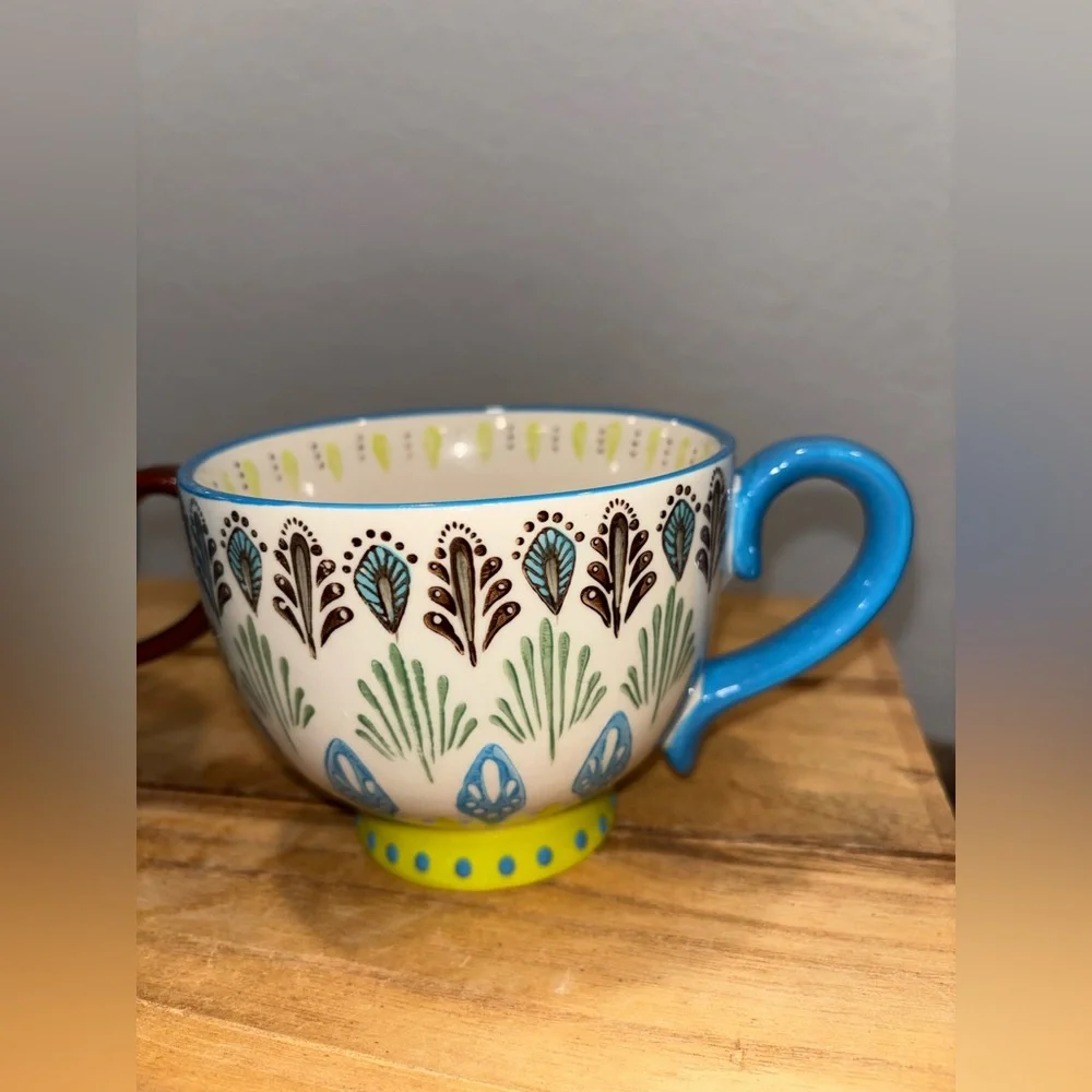 Set of 2 Pier 1 Imports Dolomite Ellie Peacock Hand Painted Footed Mugs 16oz